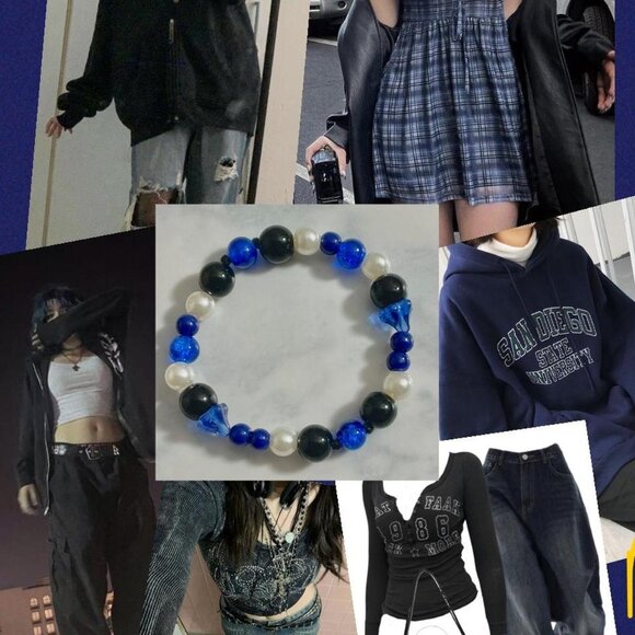 Handmade blue, white and black bracelet with pearls, glass and acrylic beads - Picture 1 of 4
